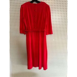 Vintage 80s Red 3/4 Sleeve Peplum Midi Shirt Dress Classic Preppy Old Money L